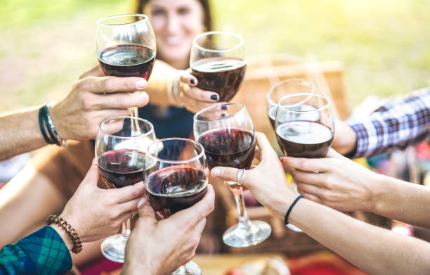 Hands toasting red wine and friends having fun cheering at winetasting experience